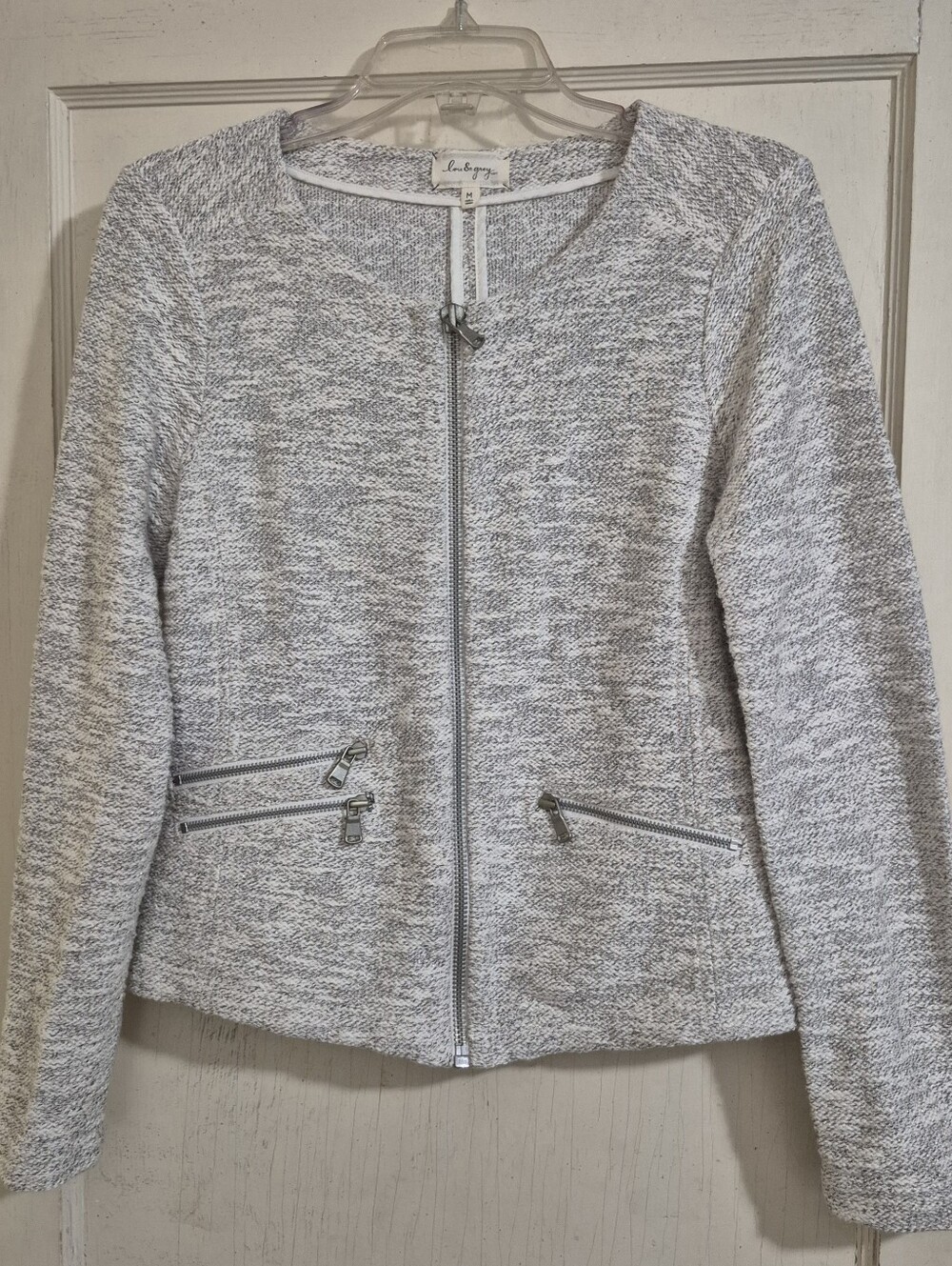 LOU & GREY Full Zip Knit Sweater Jacket M Cream, Grey, Gold